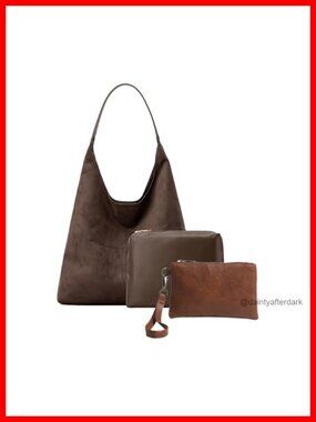 Faux Suede Hobo Bag Set 3 Pcs Large Medium Small Vintage Handbag Purse